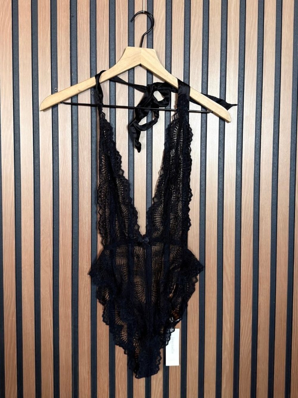 New Journelle Bodysuit Small Womens Black Back Neck Tie Sheer Natalia Lingerie